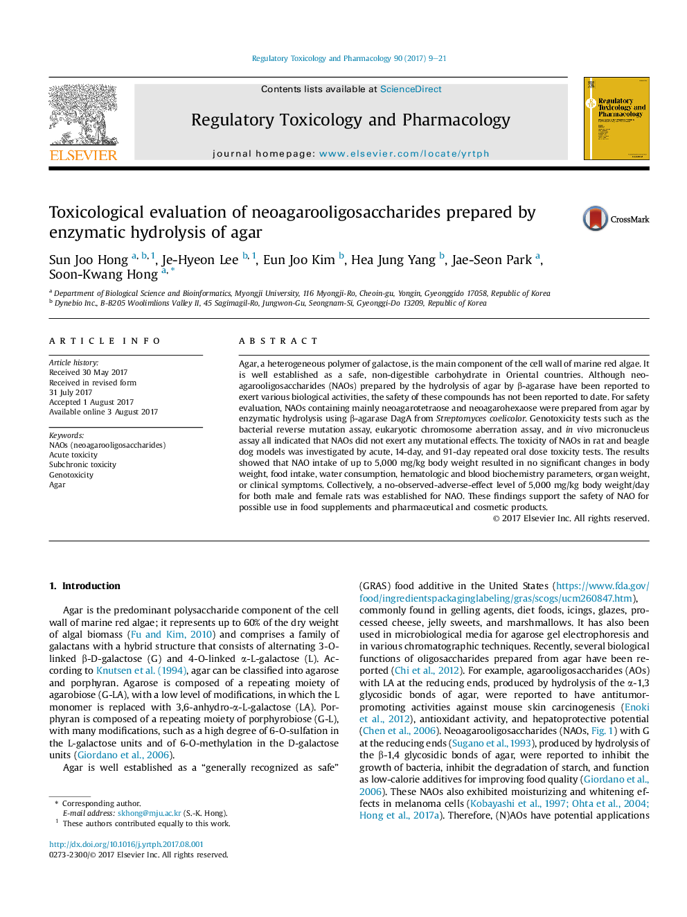 Toxicological evaluation of neoagarooligosaccharides prepared by enzymatic hydrolysis of agar