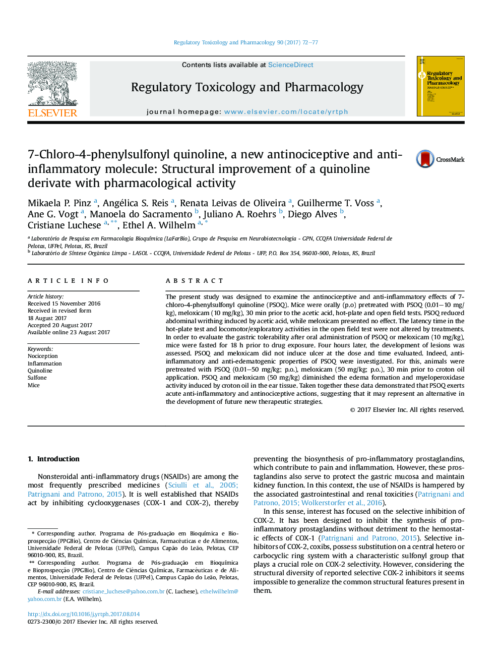 7-Chloro-4-phenylsulfonyl quinoline, a new antinociceptive and anti-inflammatory molecule: Structural improvement of a quinoline derivate with pharmacological activity