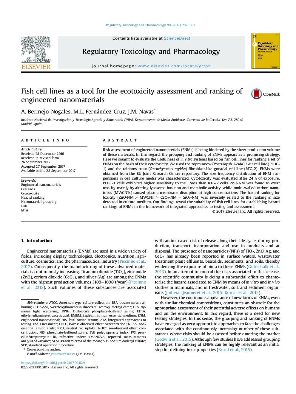عکس صفحه اول مقاله: Fish cell lines as a tool for the ecotoxicity assessment and ranking of engineered nanomaterials Fish cell lines as a tool for the ecotoxicity assessment and ranking of engineered nanomaterials