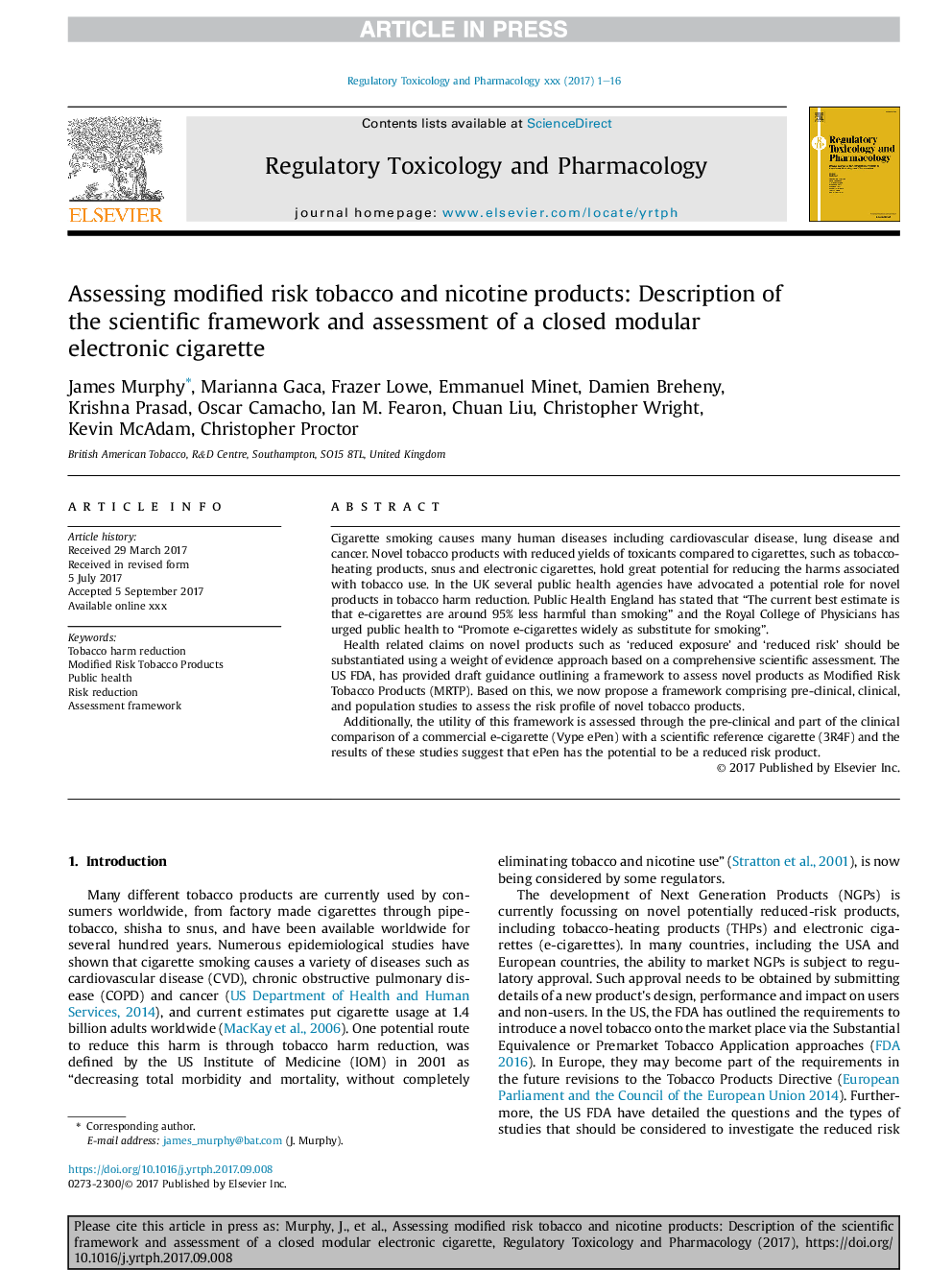 Assessing modified risk tobacco and nicotine products: Description of the scientific framework and assessment of a closed modular electronic cigarette