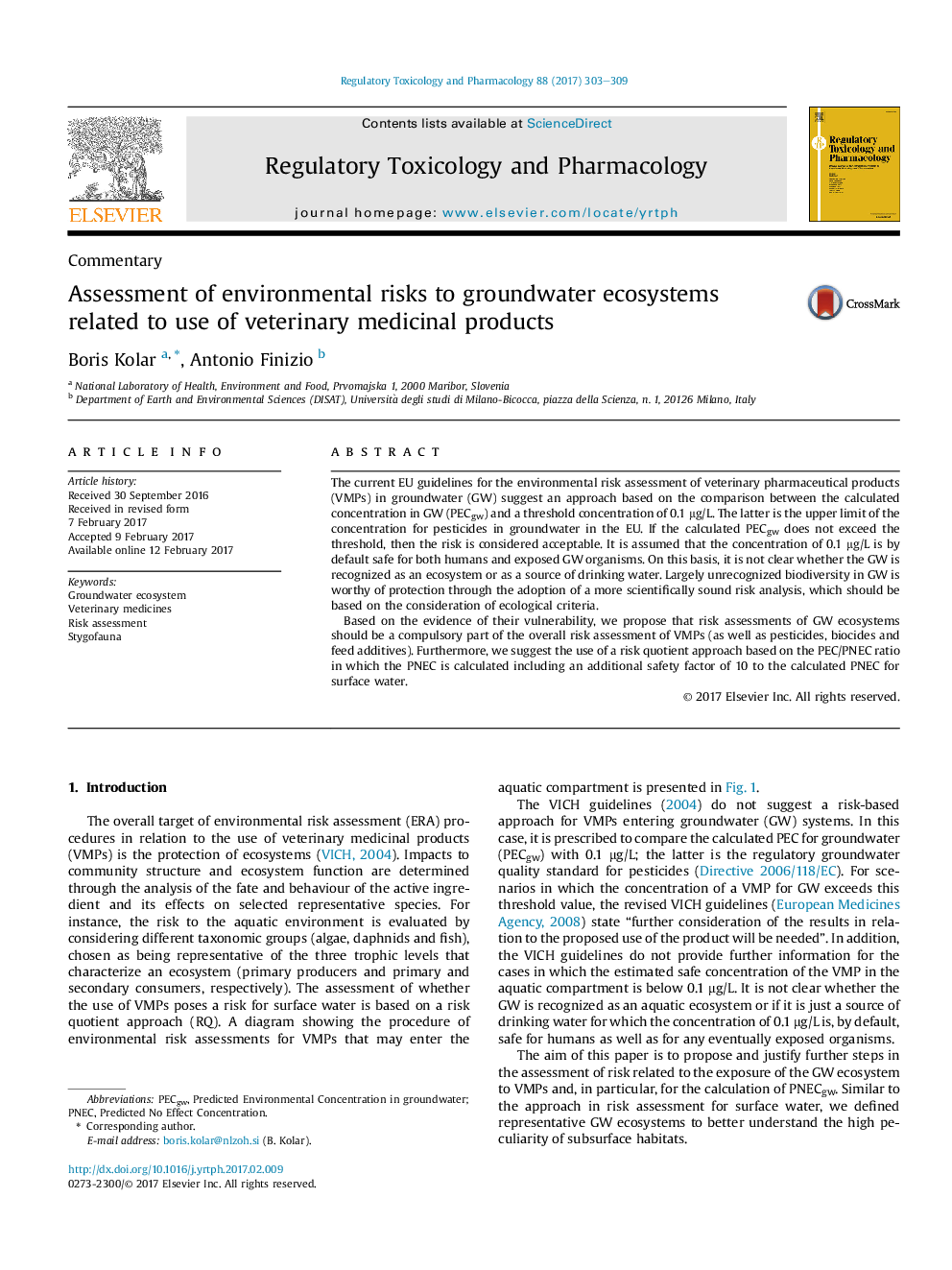 Assessment of environmental risks to groundwater ecosystems related to use of veterinary medicinal products