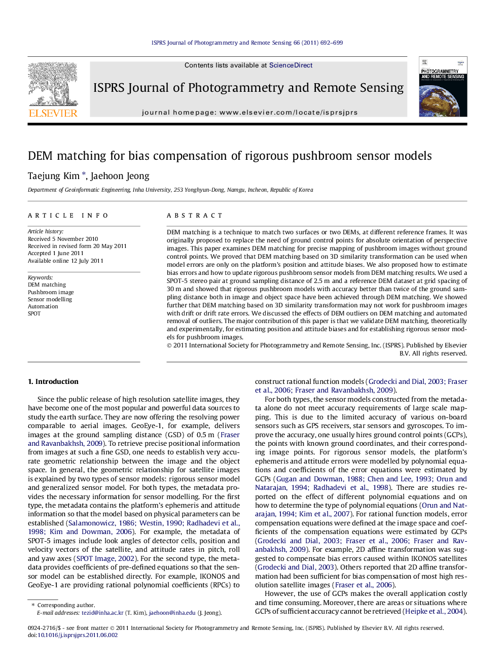 DEM matching for bias compensation of rigorous pushbroom sensor models