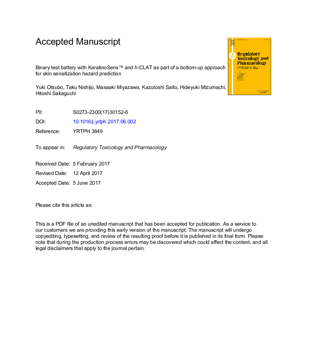 Binary test battery with KeratinoSensâ¢ and h-CLAT as part of a bottom-up approach for skin sensitization hazard prediction