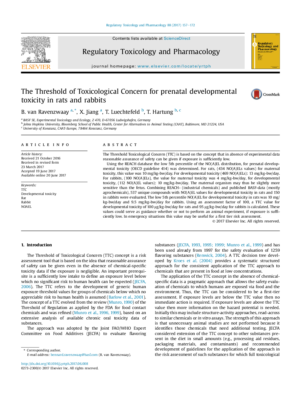 The Threshold of Toxicological Concern for prenatal developmental toxicity in rats and rabbits