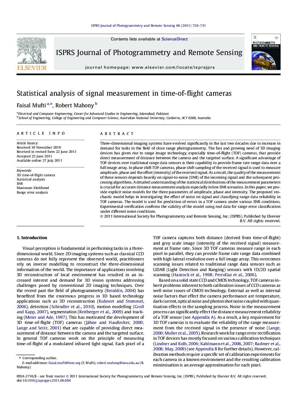 Statistical analysis of signal measurement in time-of-flight cameras