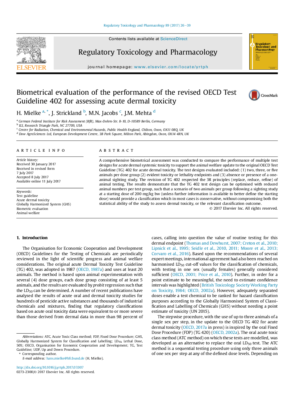 Biometrical evaluation of the performance of the revised OECD Test Guideline 402 for assessing acute dermal toxicity