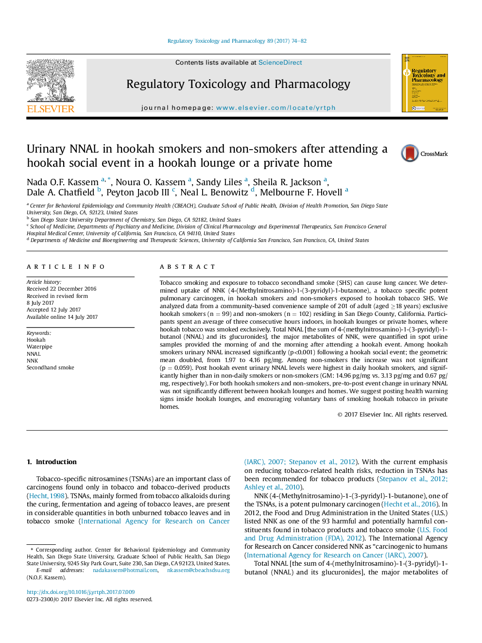 Urinary NNAL in hookah smokers and non-smokers after attending a hookah social event in a hookah lounge or a private home