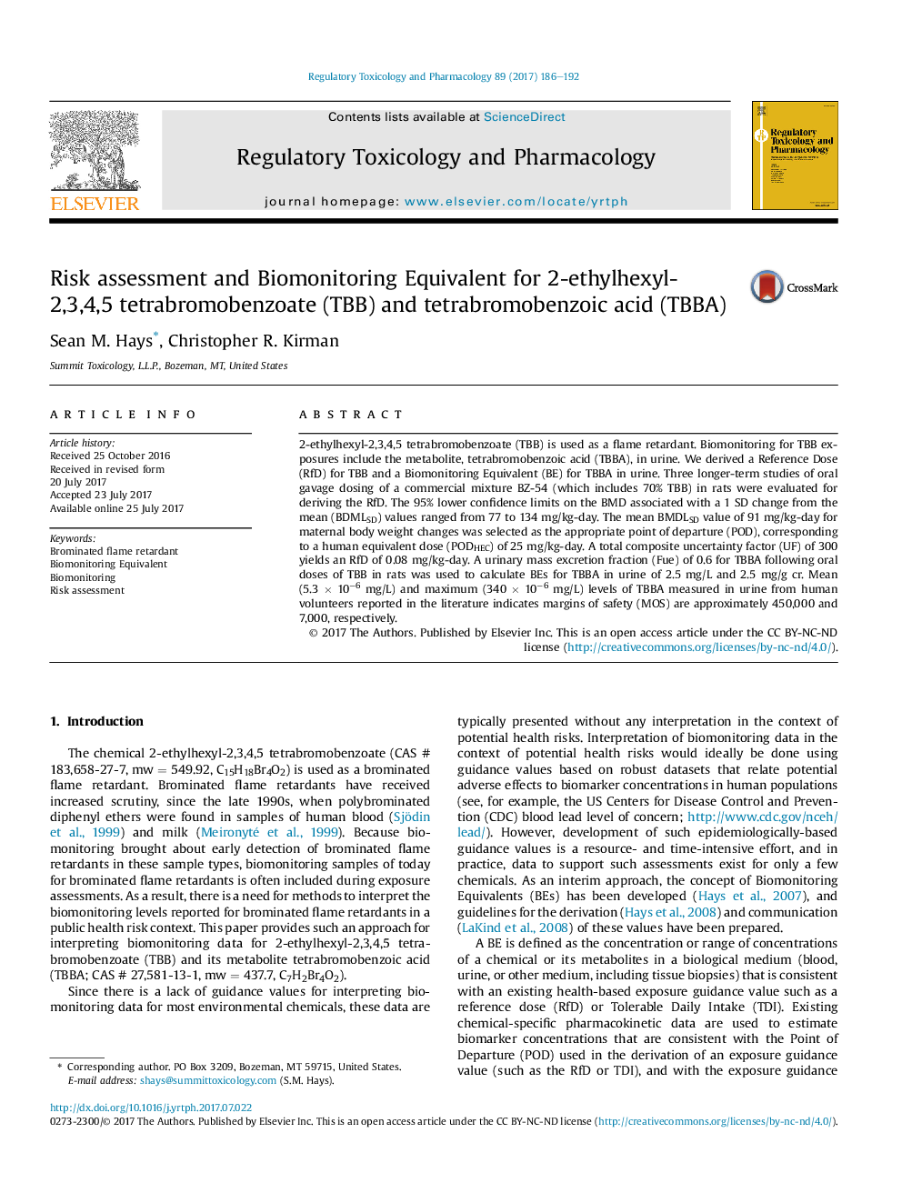 Risk assessment and Biomonitoring Equivalent for 2-ethylhexyl-2,3,4,5 tetrabromobenzoate (TBB) and tetrabromobenzoic acid (TBBA)