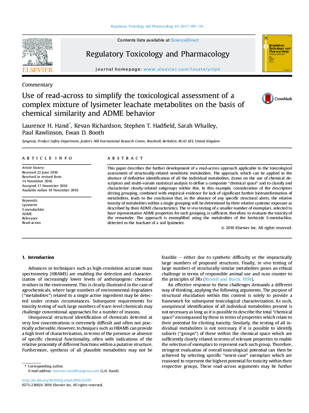 Use of read-across to simplify the toxicological assessment of a complex mixture of lysimeter leachate metabolites on the basis of chemical similarity and ADME behavior