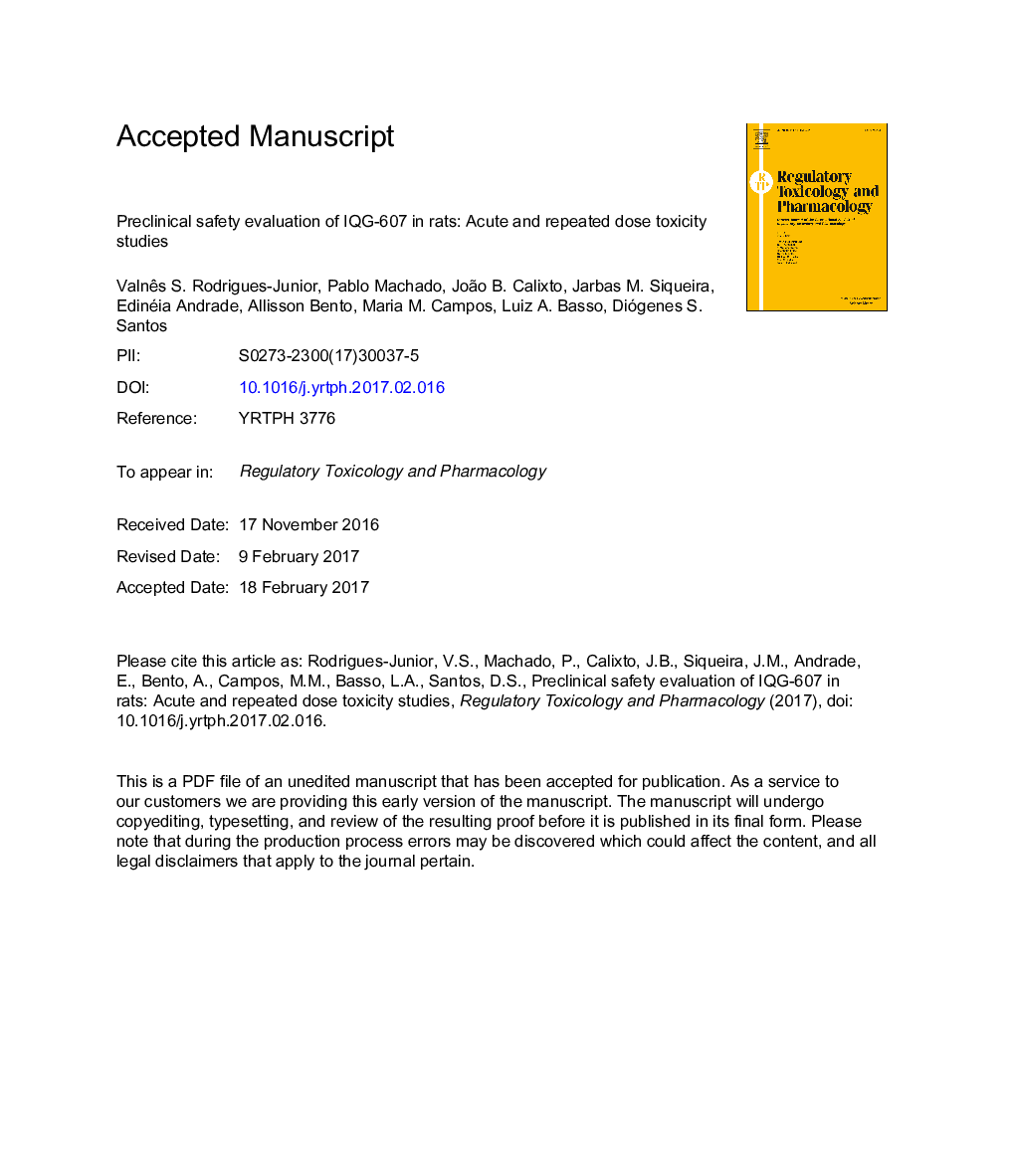 Preclinical safety evaluation of IQG-607 in rats: Acute and repeated dose toxicity studies