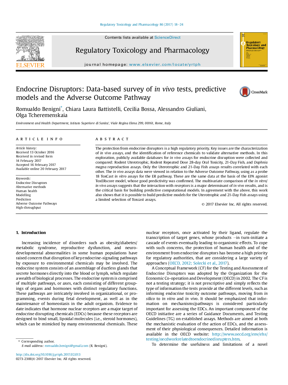 Endocrine Disruptors: Data-based survey of inÂ vivo tests, predictive models and the Adverse Outcome Pathway