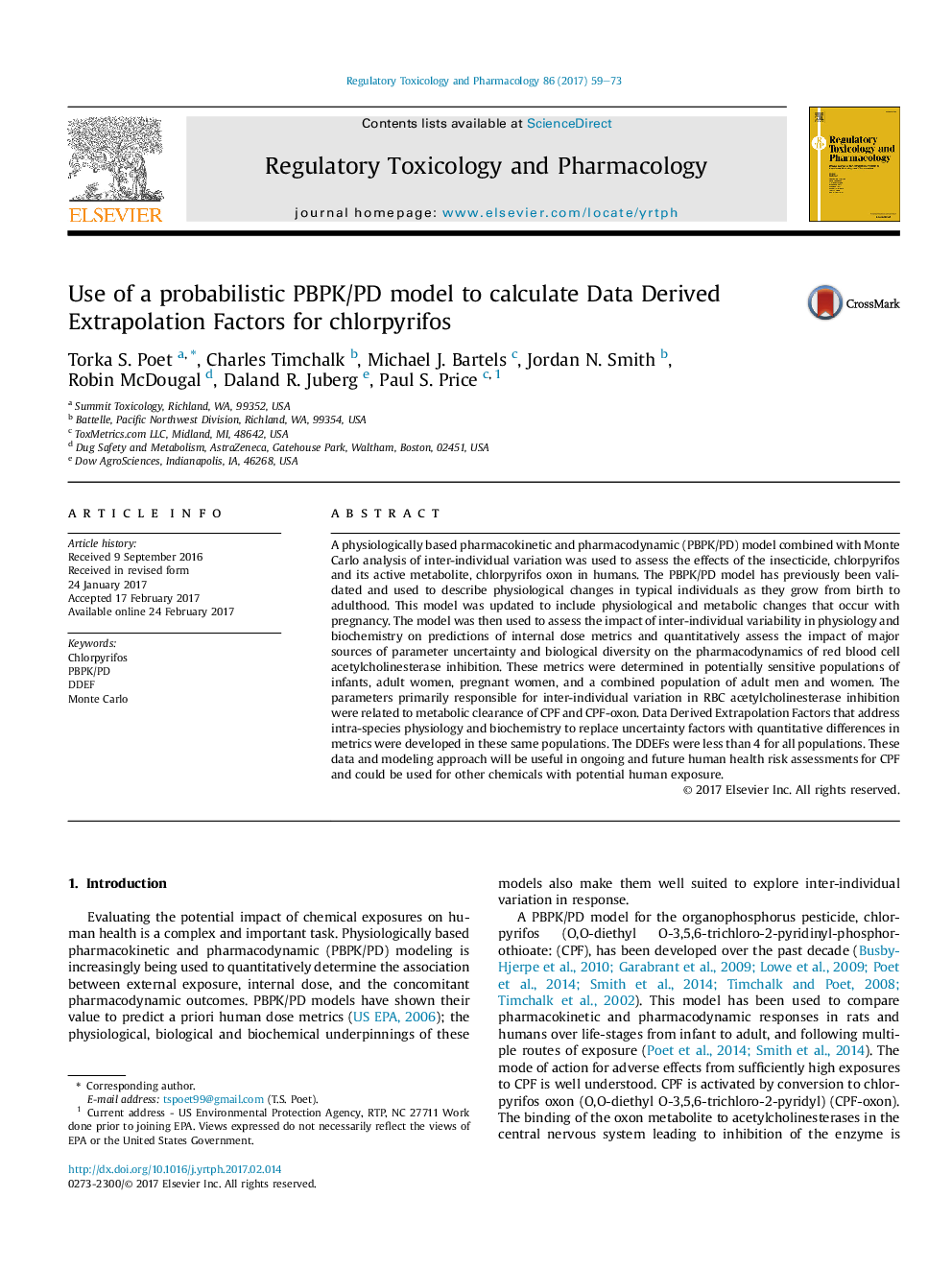 Use of a probabilistic PBPK/PD model to calculate Data Derived Extrapolation Factors for chlorpyrifos