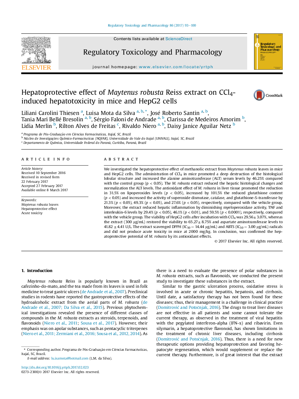 Hepatoprotective effect of Maytenus robusta Reiss extract on CCl4-induced hepatotoxicity in mice and HepG2 cells