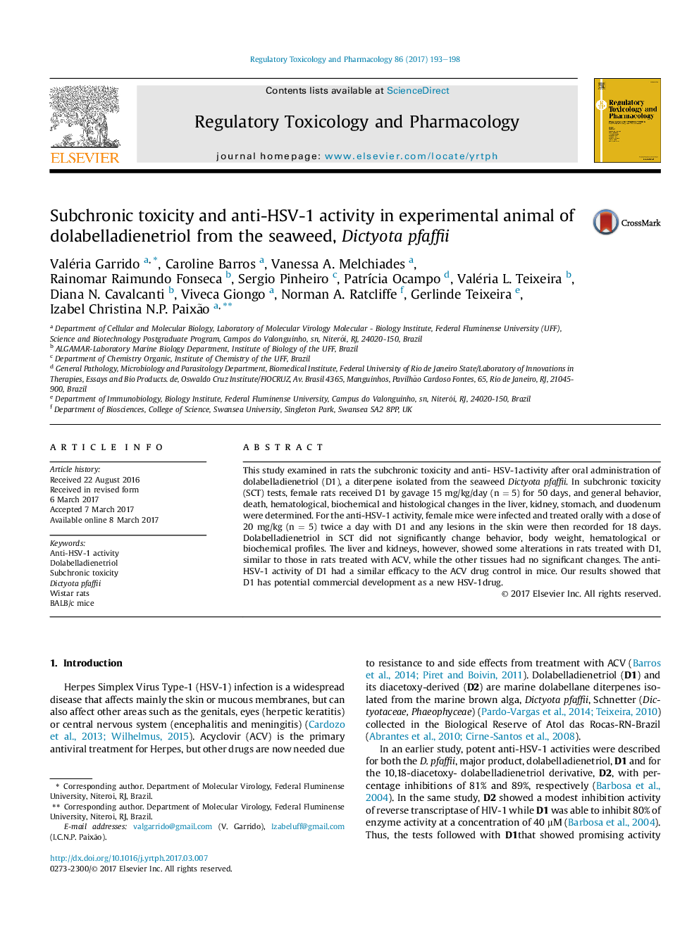 Subchronic toxicity and anti-HSV-1 activity in experimental animal of dolabelladienetriol from the seaweed, Dictyota pfaffii