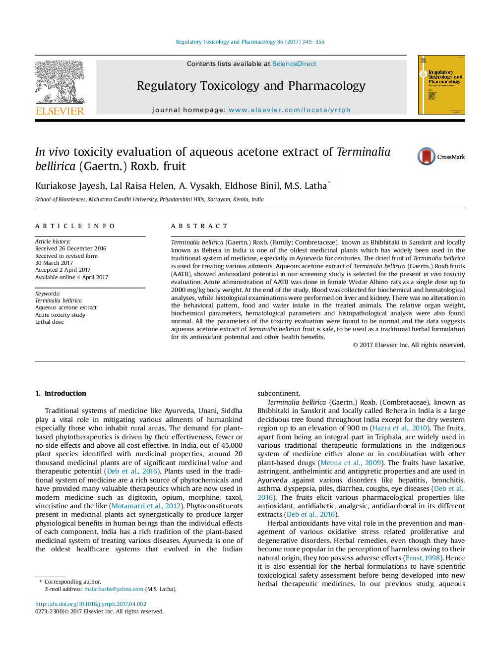 InÂ vivo toxicity evaluation of aqueous acetone extract of Terminalia bellirica (Gaertn.) Roxb. fruit