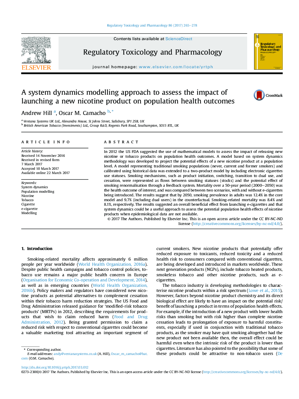 A system dynamics modelling approach to assess the impact of launching a new nicotine product on population health outcomes