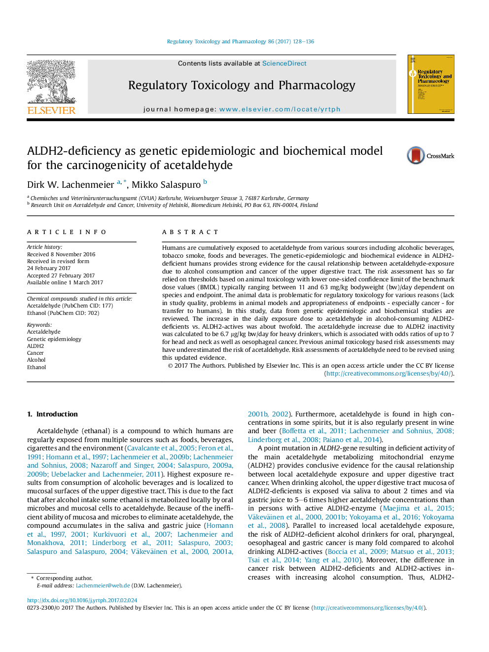 ALDH2-deficiency as genetic epidemiologic and biochemical model for the carcinogenicity of acetaldehyde