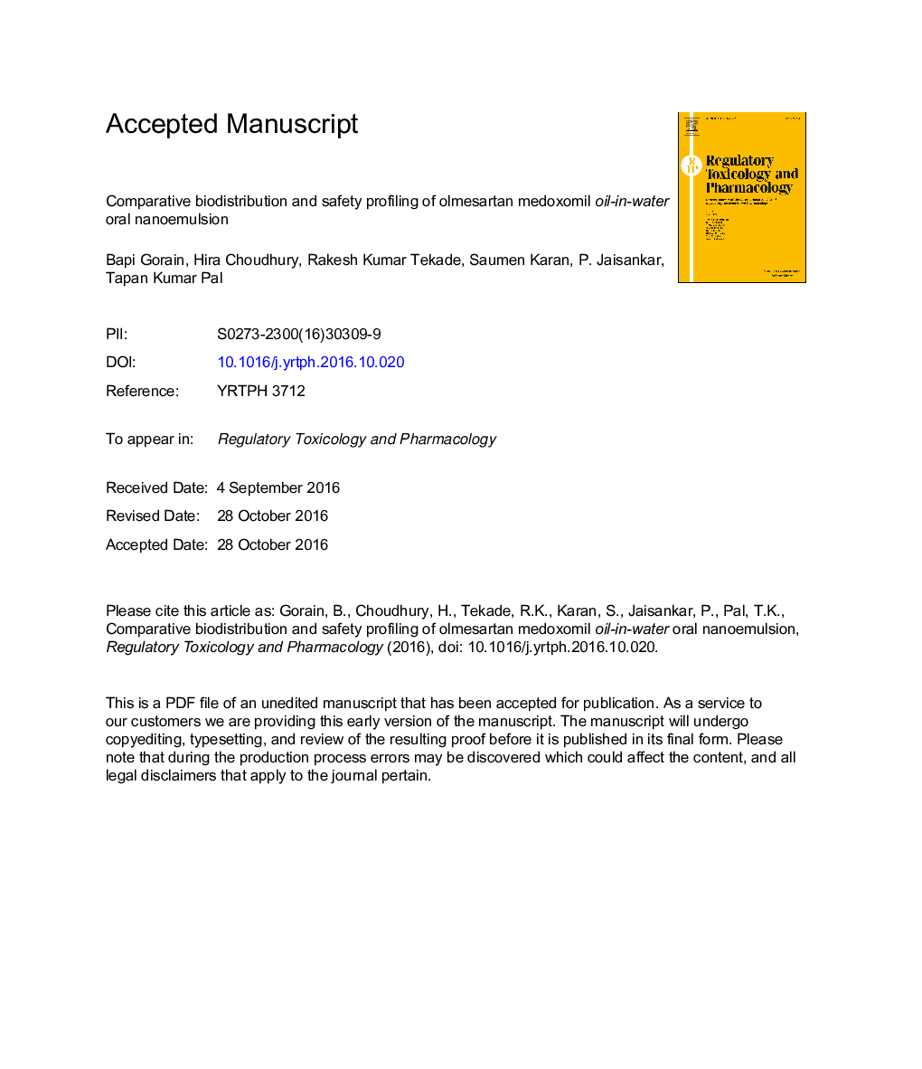 Comparative biodistribution and safety profiling of olmesartan medoxomil oil-in-water oral nanoemulsion