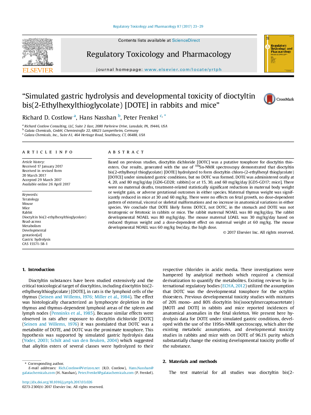 “Simulated gastric hydrolysis and developmental toxicity of dioctyltin bis(2-Ethylhexylthioglycolate) [DOTE] in rabbits and mice”