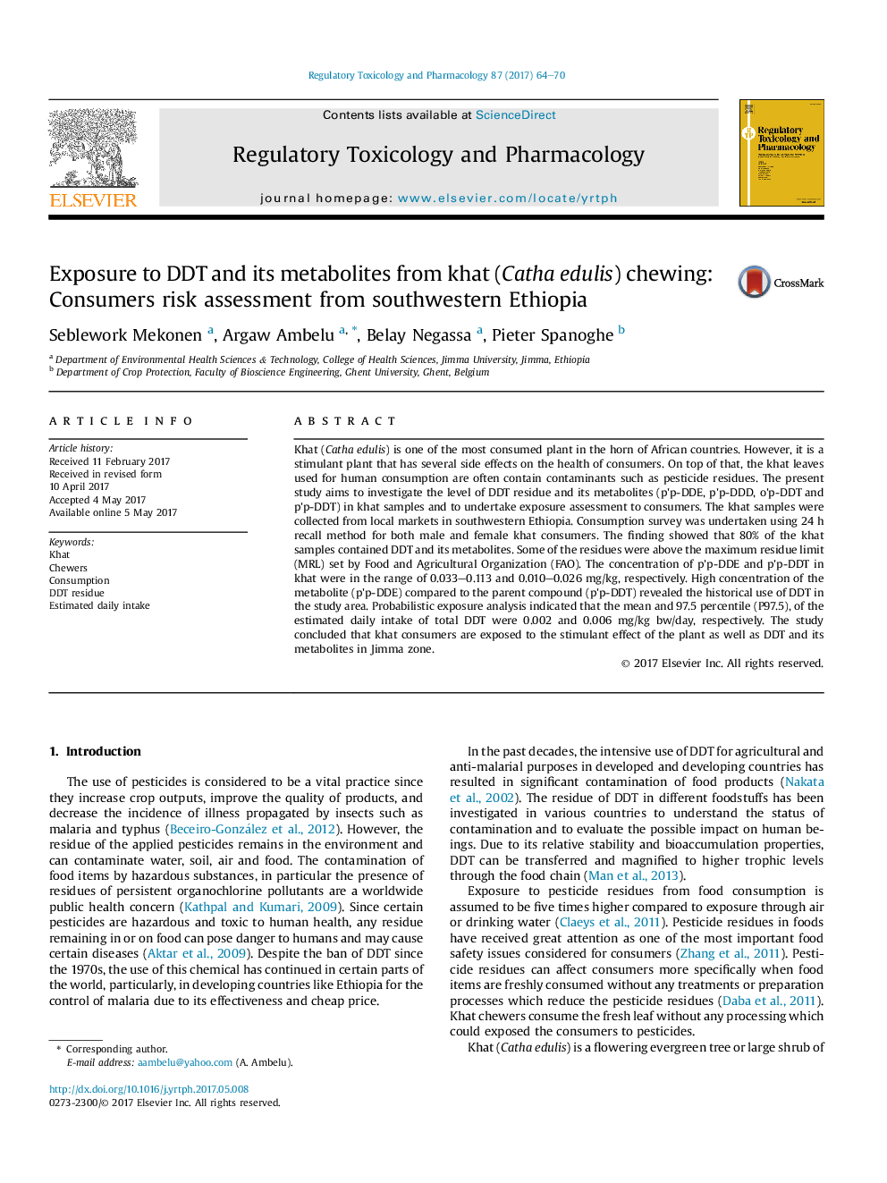 Exposure to DDT and its metabolites from khat (Catha edulis) chewing: Consumers risk assessment from southwestern Ethiopia