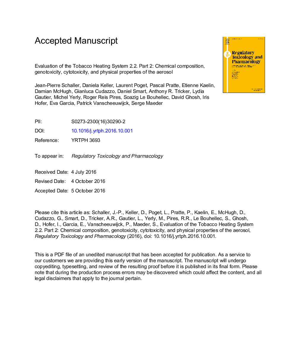 Evaluation of the Tobacco Heating System 2.2. Part 2: Chemical composition, genotoxicity, cytotoxicity, and physical properties of the aerosol