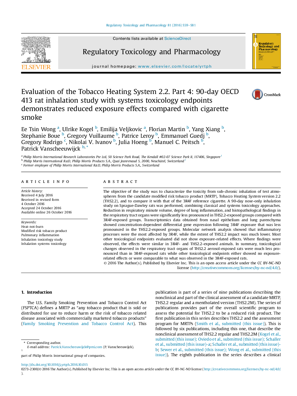 Evaluation of the Tobacco Heating System 2.2. Part 4: 90-day OECD 413 rat inhalation study with systems toxicology endpoints demonstrates reduced exposure effects compared with cigarette smoke