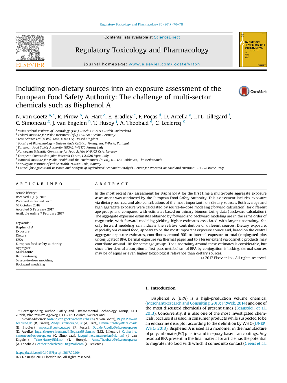 Including non-dietary sources into an exposure assessment of the European Food Safety Authority: The challenge of multi-sector chemicals such as Bisphenol A