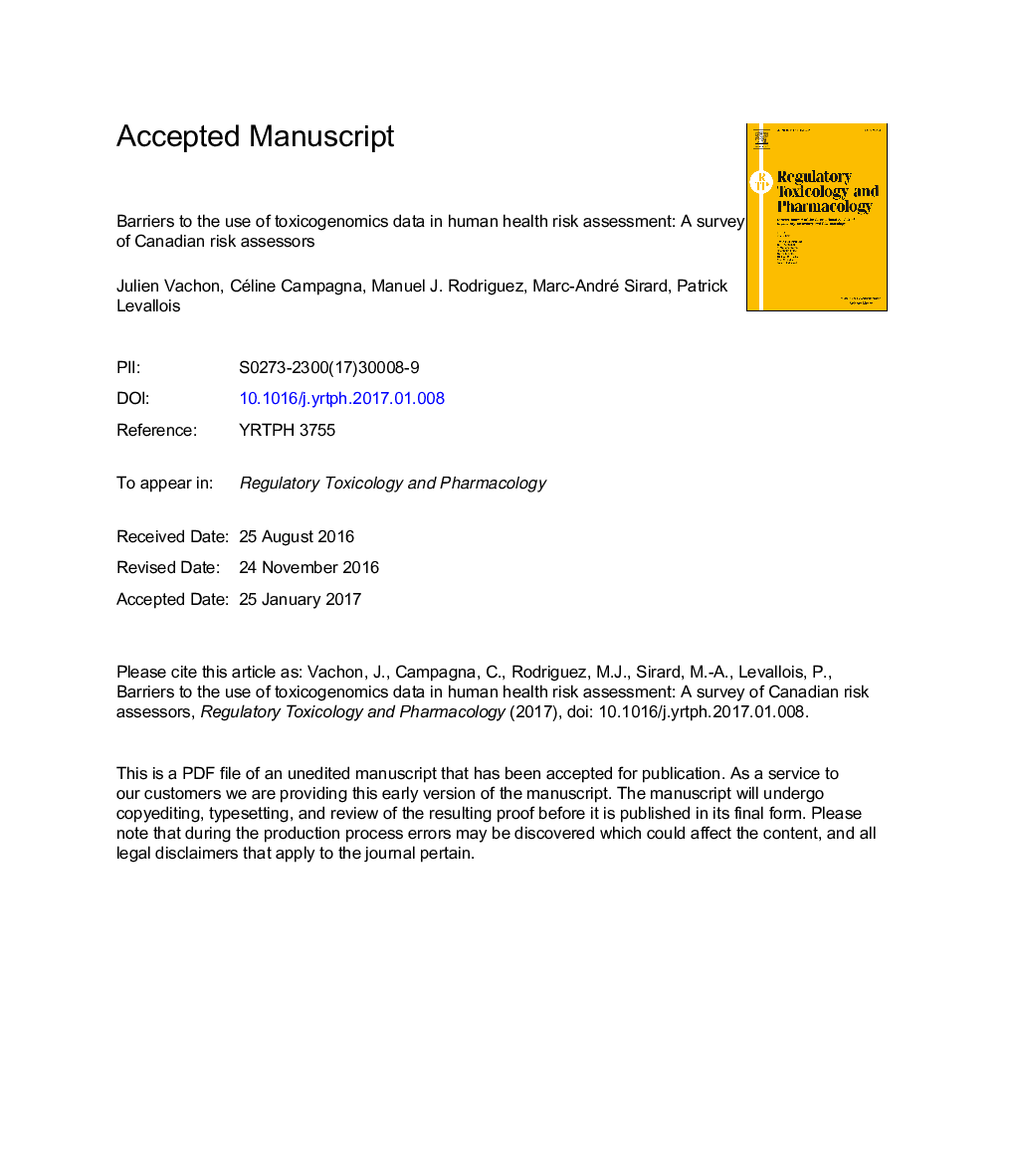 Barriers to the use of toxicogenomics data in human health risk assessment: A survey of Canadian risk assessors