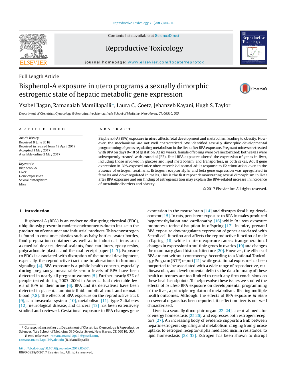 Bisphenol-A exposure in utero programs a sexually dimorphic estrogenic state of hepatic metabolic gene expression