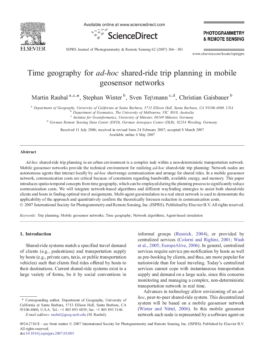 Time geography for ad-hoc shared-ride trip planning in mobile geosensor networks