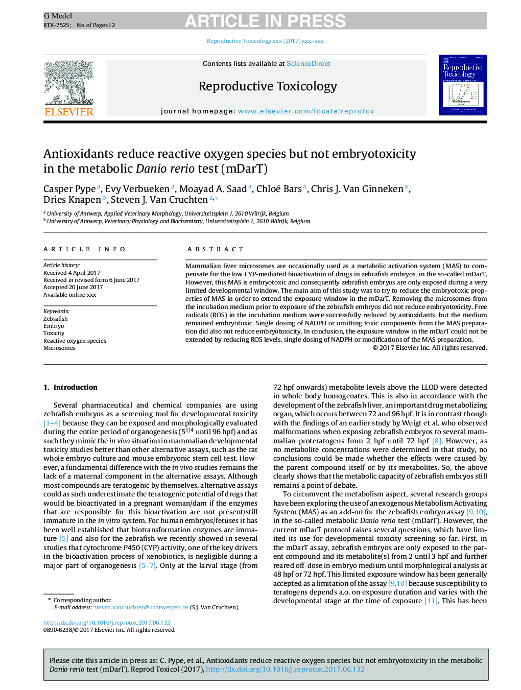 Antioxidants reduce reactive oxygen species but not embryotoxicity in the metabolic Danio rerio test (mDarT)