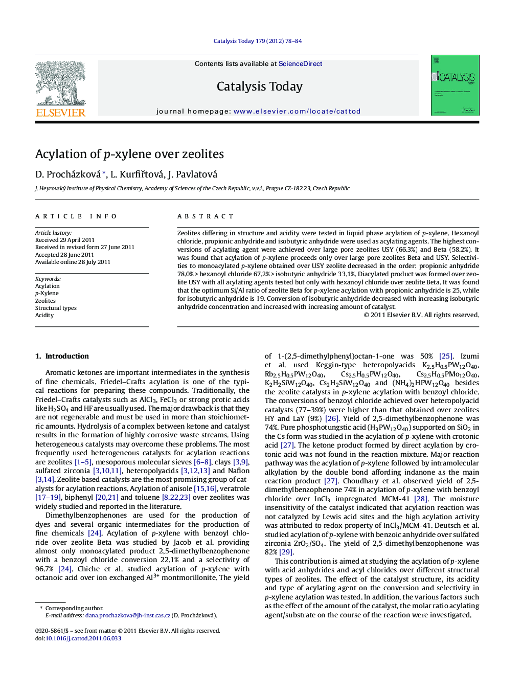 Acylation of p-xylene over zeolites