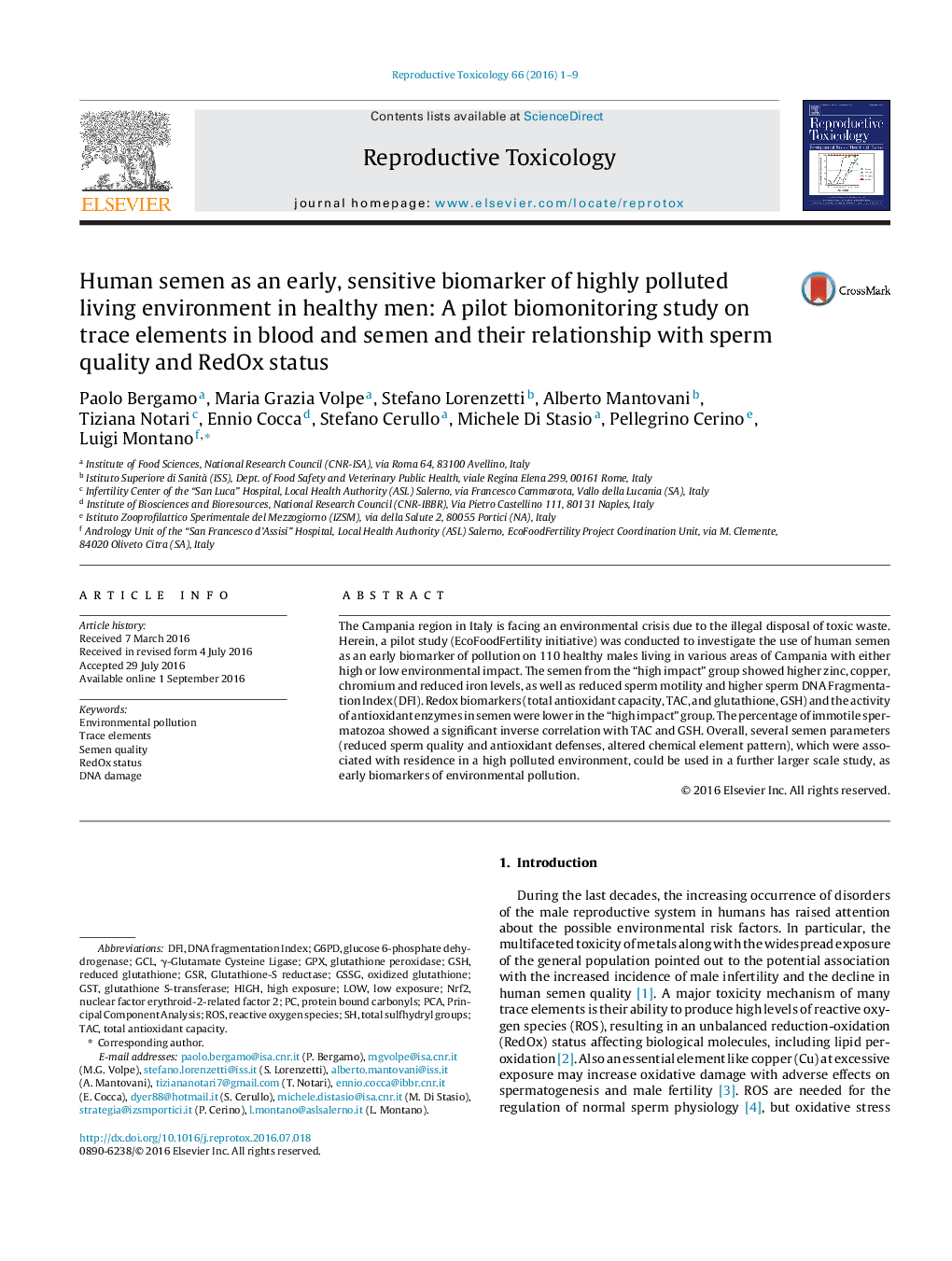 Human semen as an early, sensitive biomarker of highly polluted living environment in healthy men: A pilot biomonitoring study on trace elements in blood and semen and their relationship with sperm quality and RedOx status