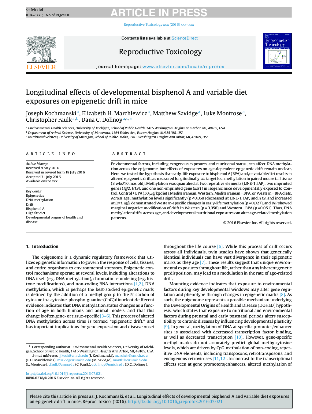 Longitudinal effects of developmental bisphenol A and variable diet exposures on epigenetic drift in mice