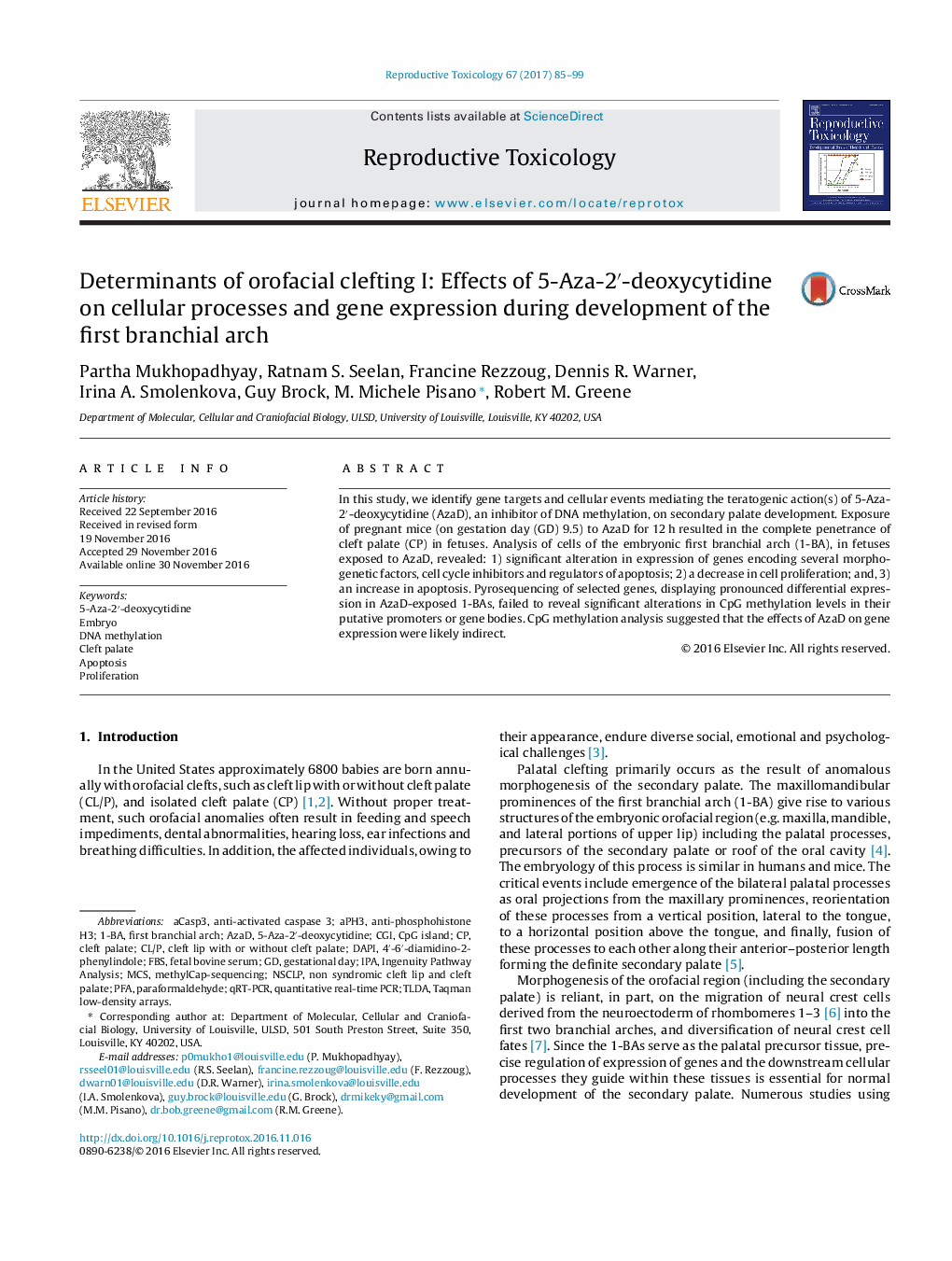 Determinants of orofacial clefting I: Effects of 5-Aza-2â²-deoxycytidine on cellular processes and gene expression during development of the first branchial arch