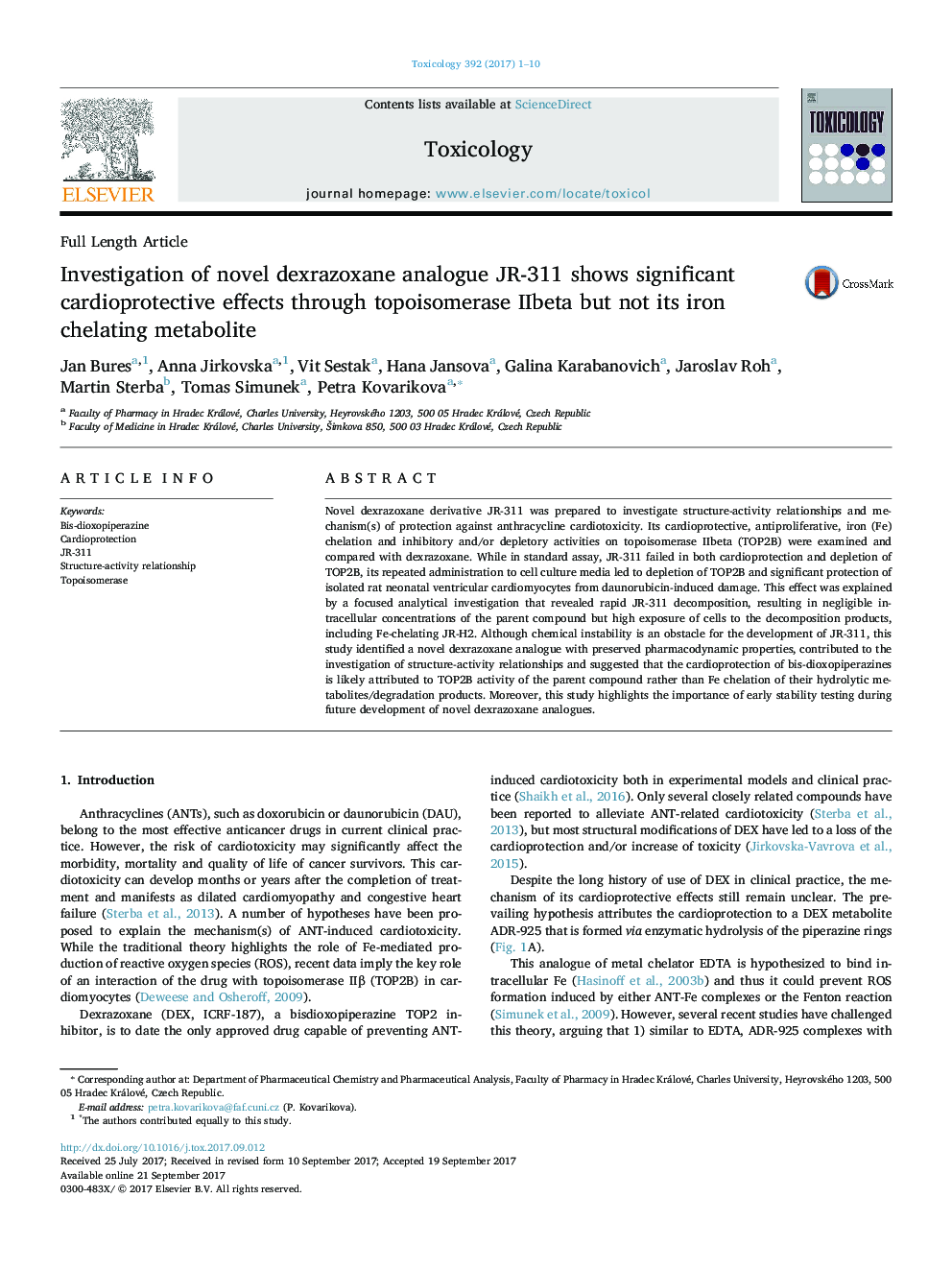 Investigation of novel dexrazoxane analogue JR-311 shows significant cardioprotective effects through topoisomerase IIbeta but not its iron chelating metabolite