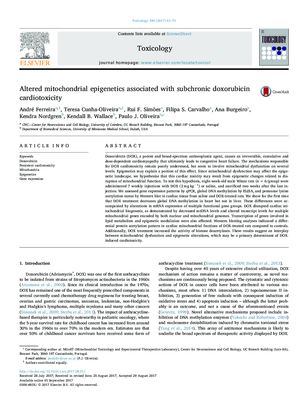 Altered mitochondrial epigenetics associated with subchronic doxorubicin cardiotoxicity