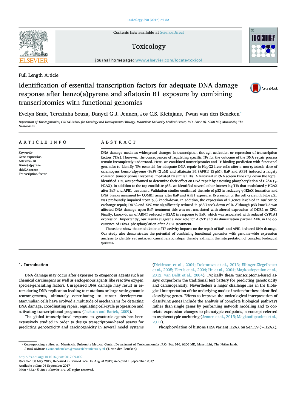 Identification of essential transcription factors for adequate DNA damage response after benzo(a)pyrene and aflatoxin B1 exposure by combining transcriptomics with functional genomics