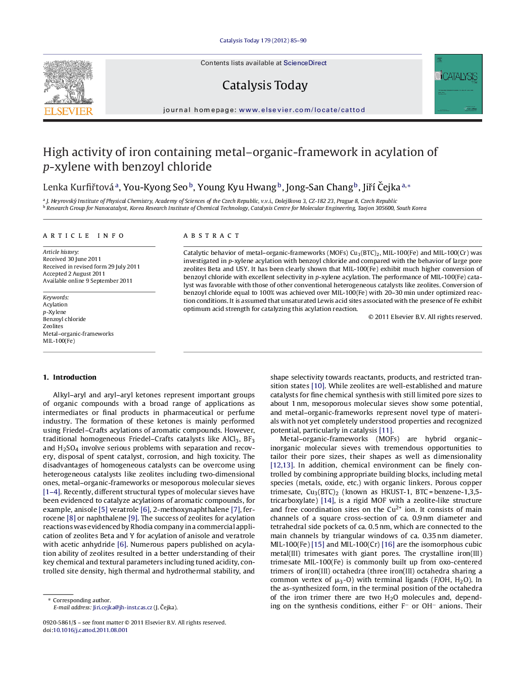 High activity of iron containing metal–organic-framework in acylation of p-xylene with benzoyl chloride