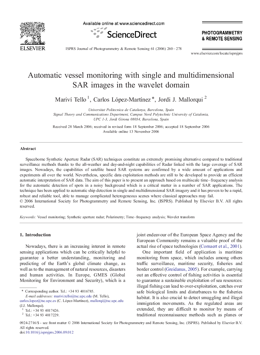 Automatic vessel monitoring with single and multidimensional SAR images in the wavelet domain