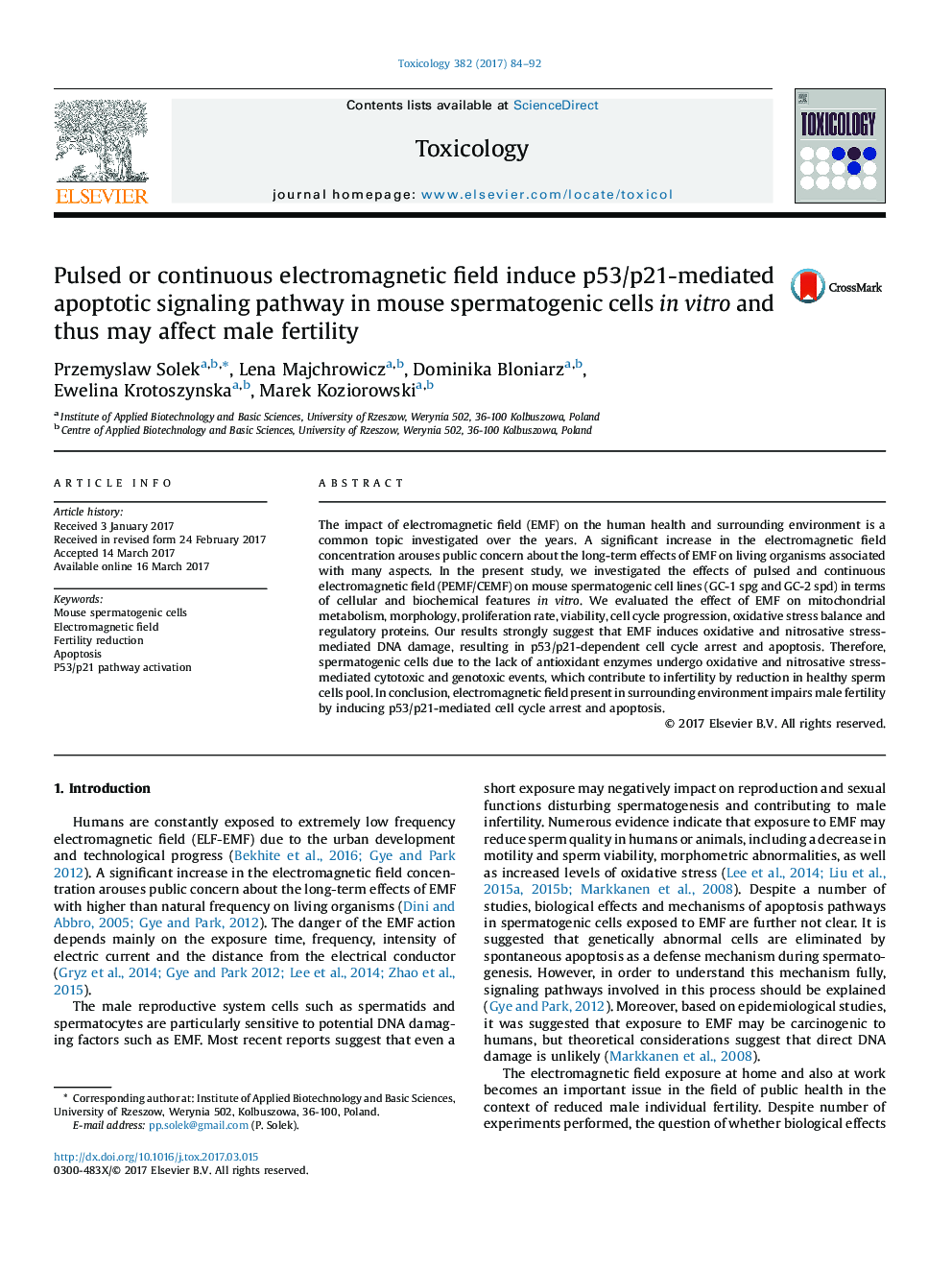 Pulsed or continuous electromagnetic field induce p53/p21-mediated apoptotic signaling pathway in mouse spermatogenic cells in vitro and thus may affect male fertility