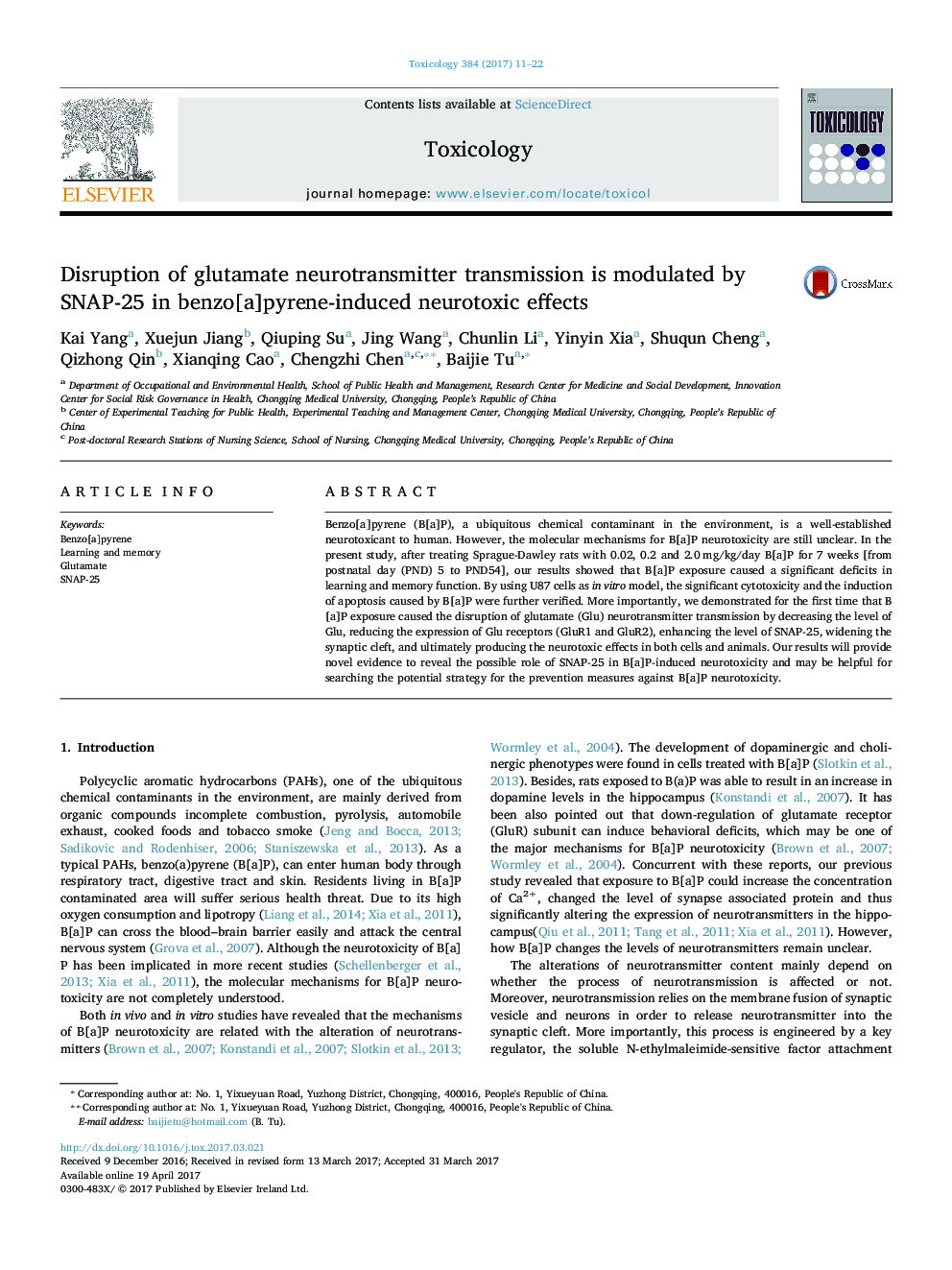 Disruption of glutamate neurotransmitter transmission is modulated by SNAP-25 in benzo[a]pyrene-induced neurotoxic effects