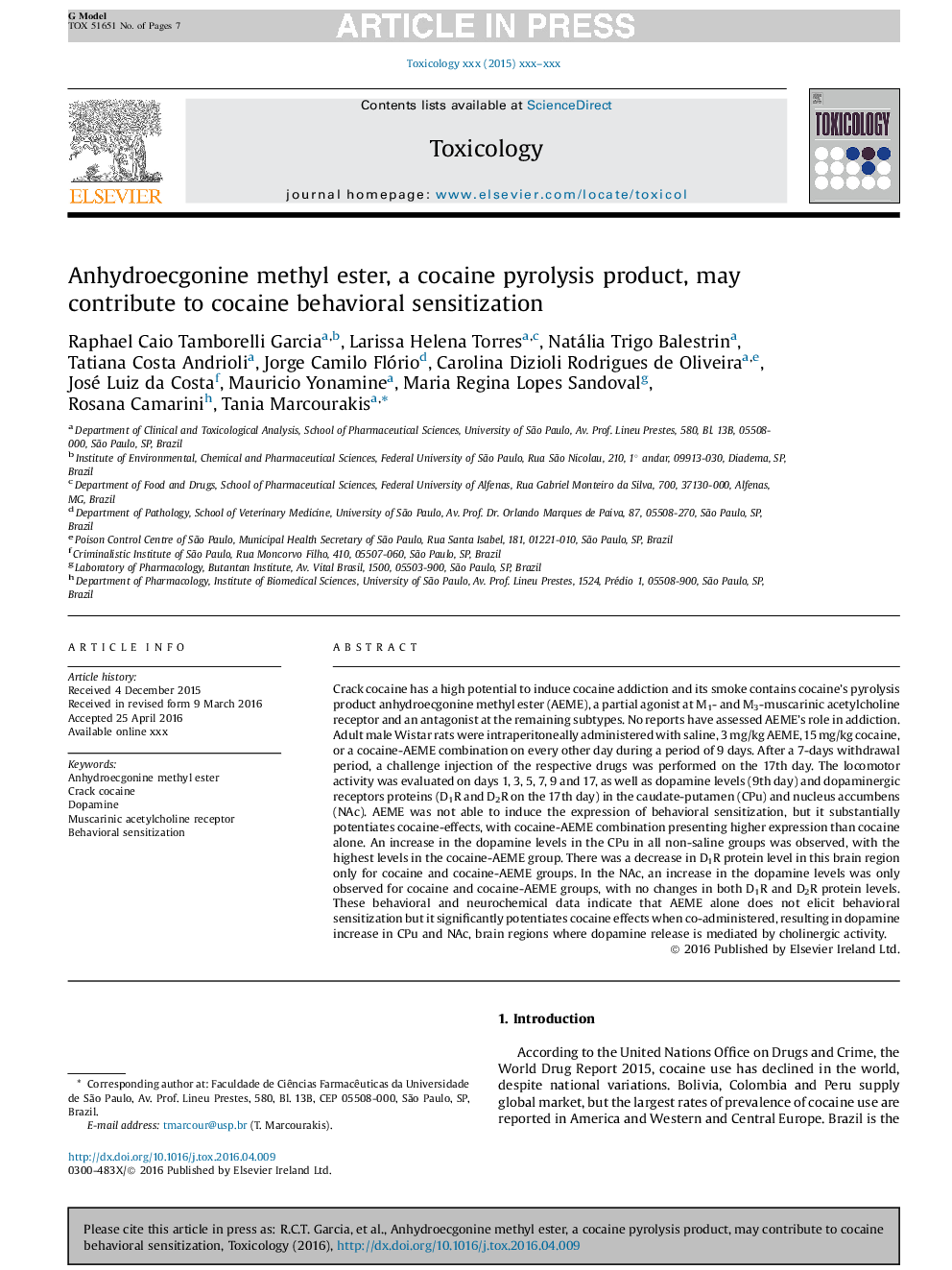 Anhydroecgonine methyl ester, a cocaine pyrolysis product, may contribute to cocaine behavioral sensitization