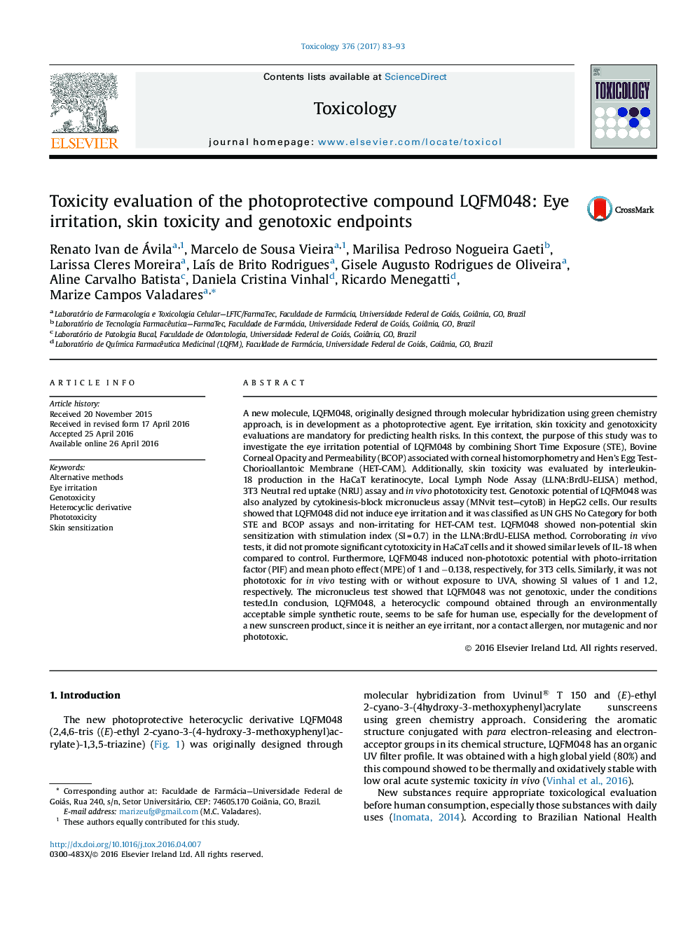Toxicity evaluation of the photoprotective compound LQFM048: Eye irritation, skin toxicity and genotoxic endpoints