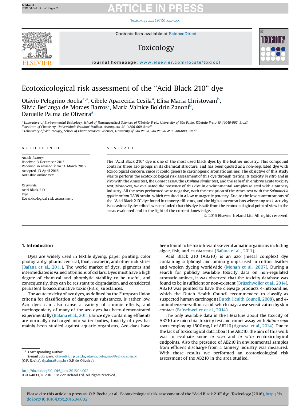 Ecotoxicological risk assessment of the “Acid Black 210” dye