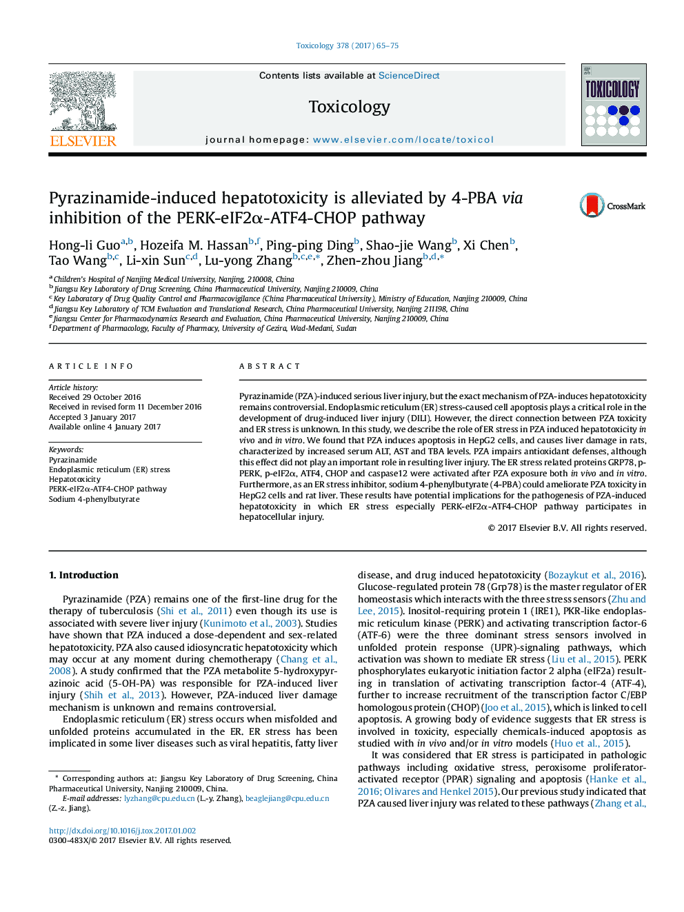 Pyrazinamide-induced hepatotoxicity is alleviated by 4-PBA via inhibition of the PERK-eIF2Î±-ATF4-CHOP pathway