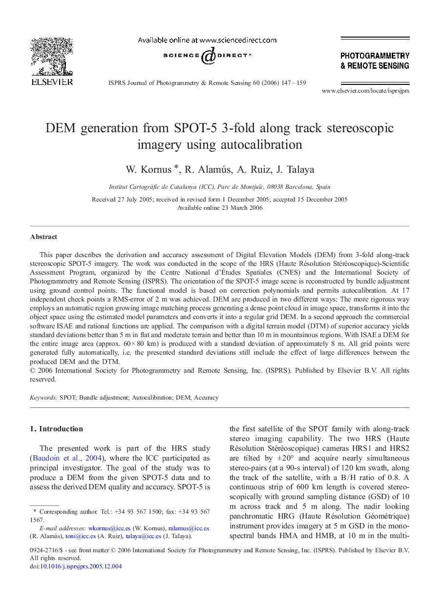 DEM generation from SPOT-5 3-fold along track stereoscopic imagery using autocalibration