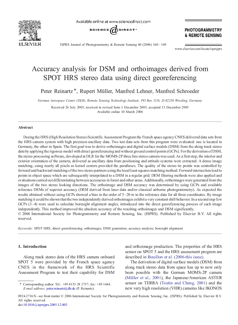 Accuracy analysis for DSM and orthoimages derived from SPOT HRS stereo data using direct georeferencing