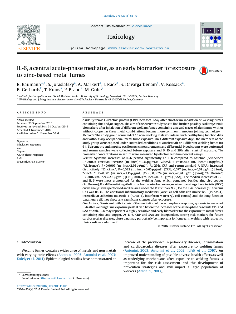 IL-6, a central acute-phase mediator, as an early biomarker for exposure to zinc-based metal fumes