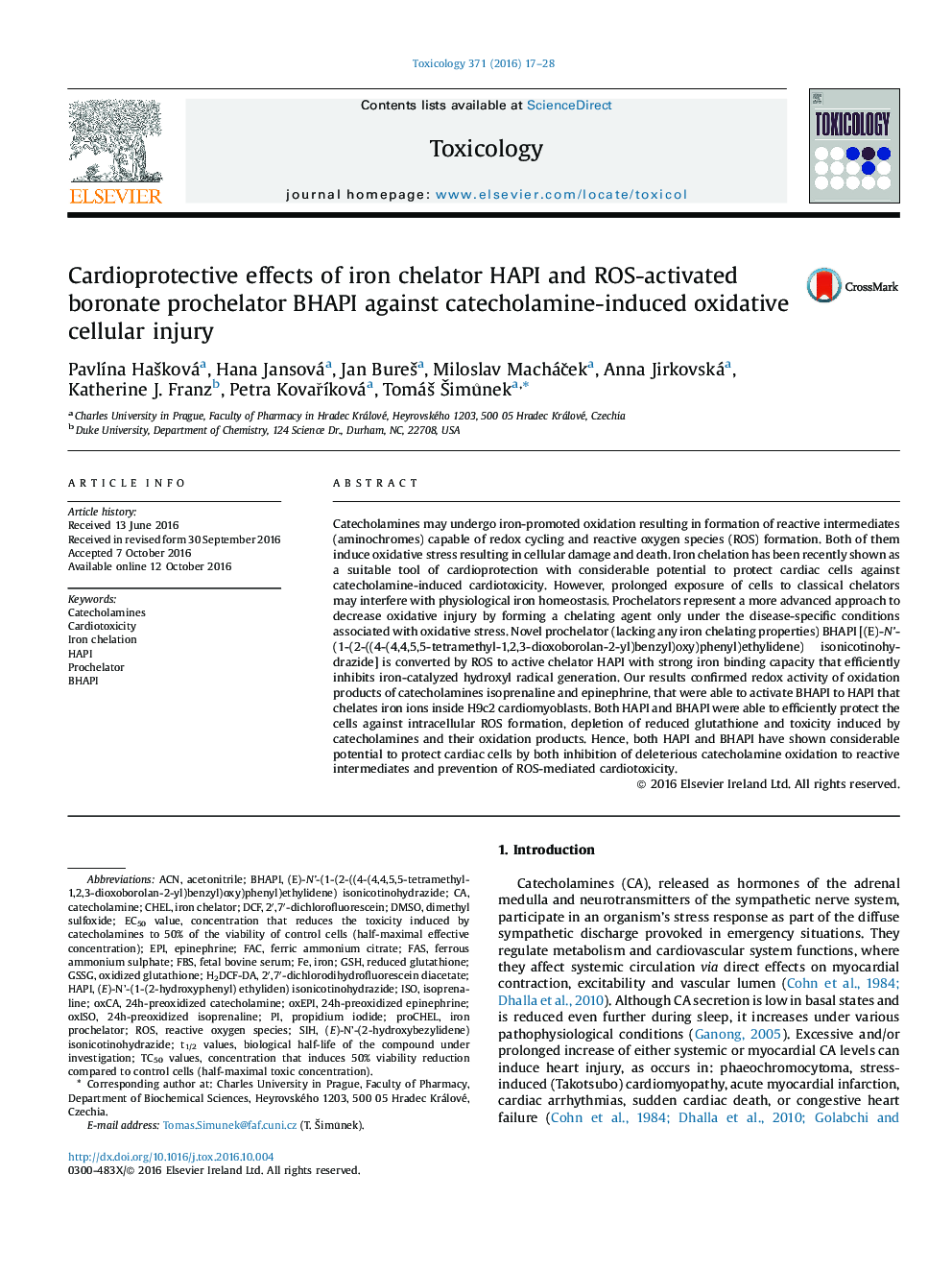 Cardioprotective effects of iron chelator HAPI and ROS-activated boronate prochelator BHAPI against catecholamine-induced oxidative cellular injury